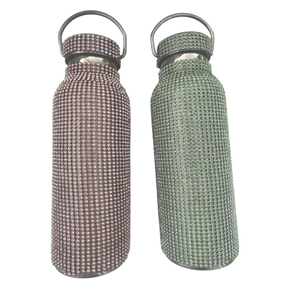 Stainless Steel Water Bottles Set Of Two - Pink Green - Party Bedazzled 16 Oz